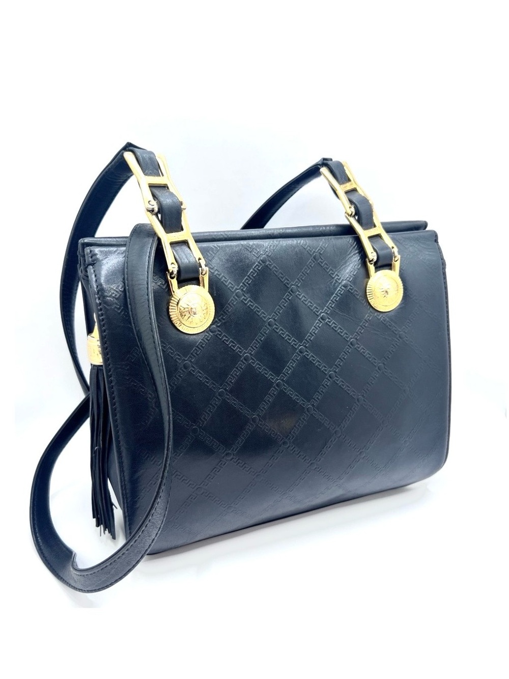 ❌SOLD❌Authentic VERSACE Vintage Black Leather Zip Shoulder Bag Purse W/ Tassel
